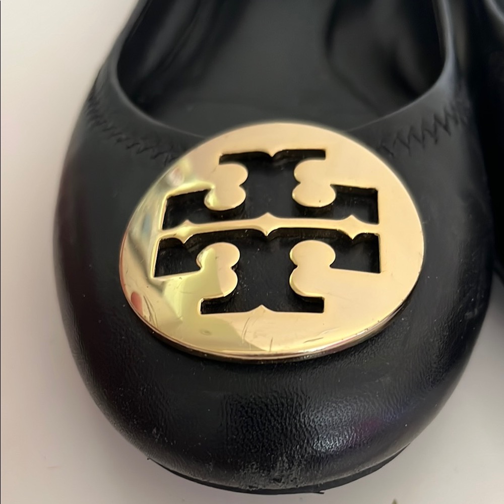 Tory Burch Black Leather Ballet Flats with Gold Logo Medallions - Picture 3 of 8